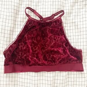 Aerie Dark Red Crushed Velvet High Neck Bralette Size M